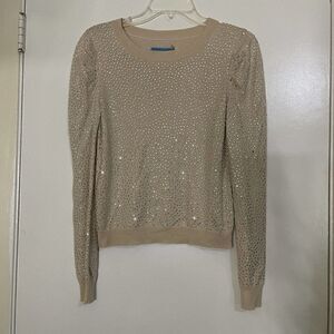 Alice + Olivia Cena tan rhinestone Crew Neck Pullover Sweater Size Small